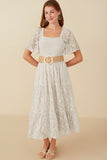 HY8158 Off White Womens Floral Lace Smocked Short Sleeve Dress Front