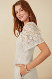 HY8158 Off White Womens Floral Lace Smocked Short Sleeve Dress Side