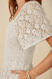 HY8158 Off White Womens Floral Lace Smocked Short Sleeve Dress Detail