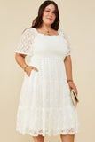 HY8158W Off White Plus Floral Lace Smocked Short Sleeve Dress Front