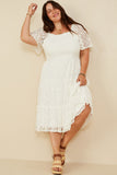 HY8158W Off White Plus Floral Lace Smocked Short Sleeve Dress Gif