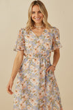 HY8161 Blue Womens Soft Floral V Neck Puff Sleeve Dress Gif