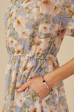 HY8161 Blue Womens Soft Floral V Neck Puff Sleeve Dress Front