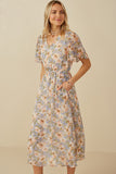 HY8161 Blue Womens Soft Floral V Neck Puff Sleeve Dress Back