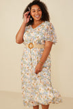 HY8161W Blue Plus Soft Floral V Neck Puff Sleeve Dress Front