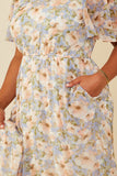 HY8161W Blue Plus Soft Floral V Neck Puff Sleeve Dress Gif