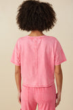 HY8168 Pink Womens Washed Raw Edge Detail Pocket T Shirt Detail