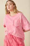 HY8168 Pink Womens Washed Raw Edge Detail Pocket T Shirt Front