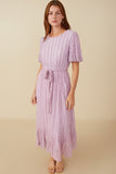 HY8181 Lavender Womens Popcorn Textured Belted Dress Gif