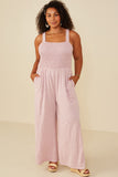 HY8186 Blush Womens Smocked Strappy Marled Knit Jumpsuit Full Body