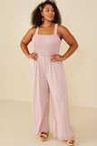 HY8186 Blush Womens Smocked Strappy Marled Knit Jumpsuit Back