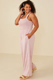 HY8186W Blush Plus Smocked Strappy Marled Knit Jumpsuit Gif