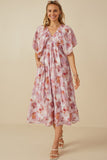 HY8194 Pink Womens Hazy Floral Elastic Detail Dress Full Body