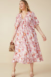 HY8194W Pink Plus Hazy Floral Elastic Detail Dress Full Body