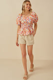 HY8195 Orange Womens Floral Smocking Paneled Puff Sleeve Top Gif