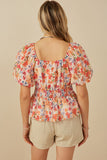 HY8195 Orange Womens Floral Smocking Paneled Puff Sleeve Top Side