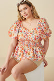 HY8195W Orange Plus Floral Smocking Paneled Puff Sleeve Top Pose