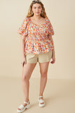 HY8195W Orange Plus Floral Smocking Paneled Puff Sleeve Top Gif