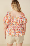 HY8195W Orange Plus Floral Smocking Paneled Puff Sleeve Top Detail