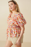 HY8195W Orange Plus Floral Smocking Paneled Puff Sleeve Top Back