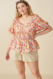 HY8195W Orange Plus Floral Smocking Paneled Puff Sleeve Top Side