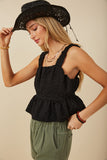 HY8199 Womens Floral Embossed Elastic Strap Cropped Peplum Top Detail