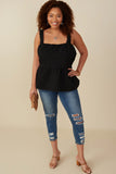 HY8199W Black Plus Floral Embossed Elastic Strap Cropped Peplum Top Full Body