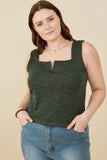 HY8210 Green Womens Notch Detail Rib Knit Fitted Tank Pose