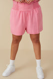 HY8211 Pink Womens Garment Dyed Smock Detail Shorts Front