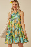 HY8217 Blue Mix Womens Textured Botanical Print Tiered Tank Dress Front