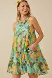 HY8217 Blue Mix Womens Textured Botanical Print Tiered Tank Dress Front 2