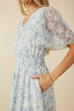 HY8223 Yellow Womens Foiled Mesh Antique Floral Smocked Dress Front