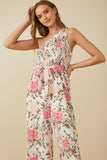 HY8232 Pink Womens Romantic Floral Smocked One Shoulder Jumpsuit Gif