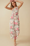 HY8232 Pink Womens Romantic Floral Smocked One Shoulder Jumpsuit Front