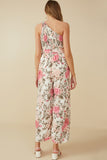 HY8232 Pink Womens Romantic Floral Smocked One Shoulder Jumpsuit Full Body