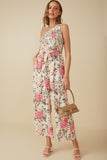 HY8232 Pink Womens Romantic Floral Smocked One Shoulder Jumpsuit Back