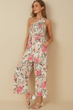 HY8232 Pink Womens Romantic Floral Smocked One Shoulder Jumpsuit Full Body 2