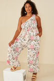 HY8232 Pink Womens Romantic Floral Smocked One Shoulder Jumpsuit Pose 2