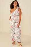 HY8232W Pink Plus Romantic Floral Smocked One Shoulder Jumpsuit Back