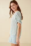 HY8247 Mint Womens Textured Gathered Sleeve Stretch Knit Top Detail