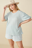 HY8247W Mint Plus Textured Gathered Sleeve Stretch Knit Top Detail