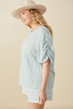 Womens Textured Gathered Sleeve Stretch Knit Top