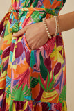 HY8259 Purple Mix Womens Tropical Satin Chiffon Self Belted Dress Detail