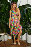 HY8259 Purple Mix Womens Tropical Satin Chiffon Self Belted Dress Editorial