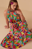 HY8259W Purple Mix Plus Tropical Satin Chiffon Self Belted Dress Pose