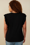 HY8264W Black Plus Ribbed Ruffled Detail Knit Tank Front