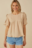 Pintuck Detail Open Sleeve Ruffled Top