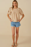 HY8279 Taupe Womens Pintuck Detail Open Sleeve Ruffled Top Gif