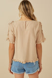 HY8279 Taupe Womens Pintuck Detail Open Sleeve Ruffled Top Detail