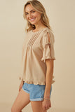 HY8279 Taupe Womens Pintuck Detail Open Sleeve Ruffled Top Back